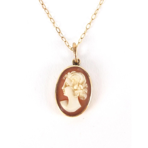 2598 - 9ct gold maiden head cameo pendant on a 9ct gold necklace, approximate weight 1.3g