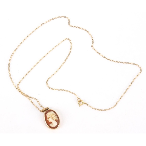 2598 - 9ct gold maiden head cameo pendant on a 9ct gold necklace, approximate weight 1.3g