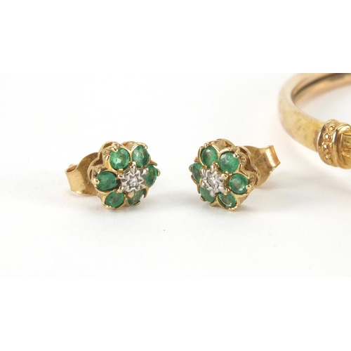 2519 - 9ct gold bracelet set with emeralds and a pair of 9ct gold emerald and diamond earrings, approximate... 