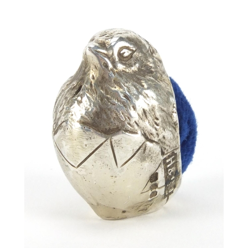 2412 - Novelty miniature silver chick pin cushion, indistinct makers mark London 1980, 2.5cm high