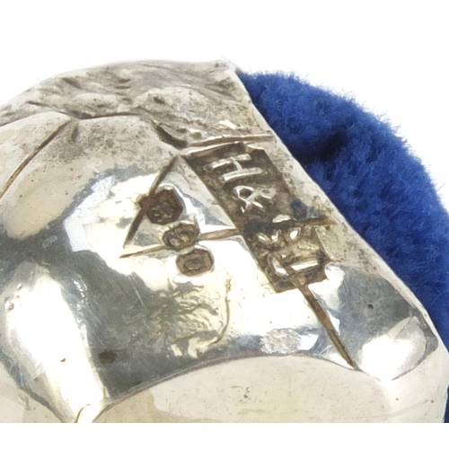 2412 - Novelty miniature silver chick pin cushion, indistinct makers mark London 1980, 2.5cm high