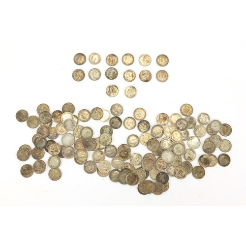 2512 - Large collection of threepenny bits some silver, approximate weight 179.0g