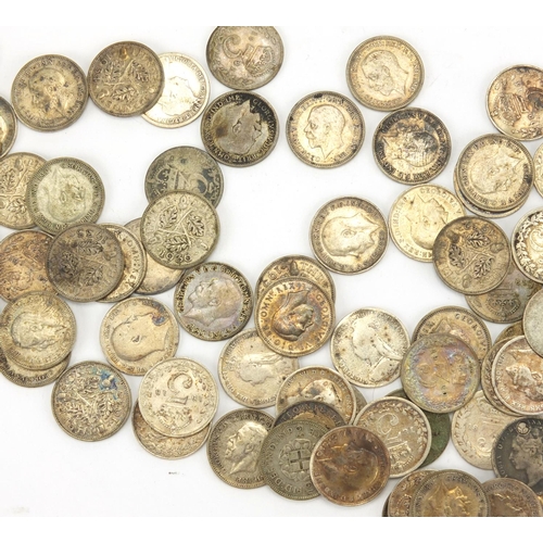 2512 - Large collection of threepenny bits some silver, approximate weight 179.0g