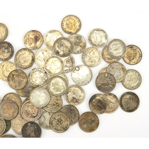 2512 - Large collection of threepenny bits some silver, approximate weight 179.0g