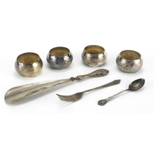 2431 - Silver items, set of four unmarked napkin rings, shoe horn, teaspoon and fork, various marks