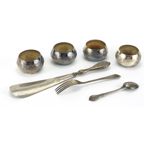 2431 - Silver items, set of four unmarked napkin rings, shoe horn, teaspoon and fork, various marks