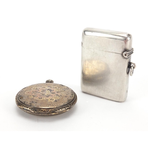 2411 - Rectangular silver vesta and a continental silver and gold pocket watch case with foliate decoration... 