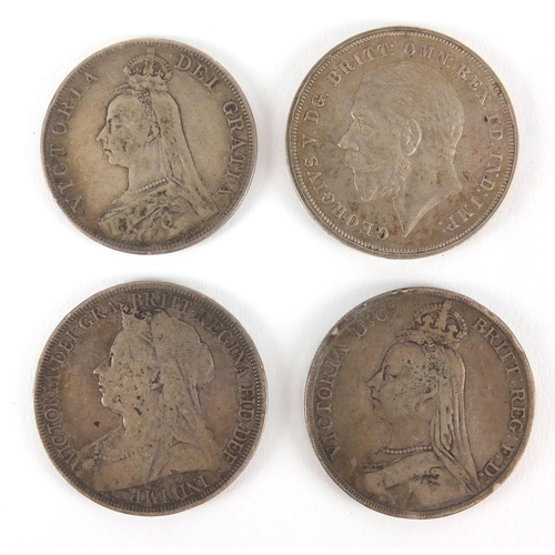 2478 - Two Victorian silver crowns, Victorian double florin and a 1935 rocking horse crown, approximate wei... 