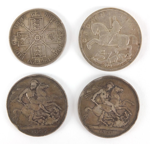 2478 - Two Victorian silver crowns, Victorian double florin and a 1935 rocking horse crown, approximate wei... 