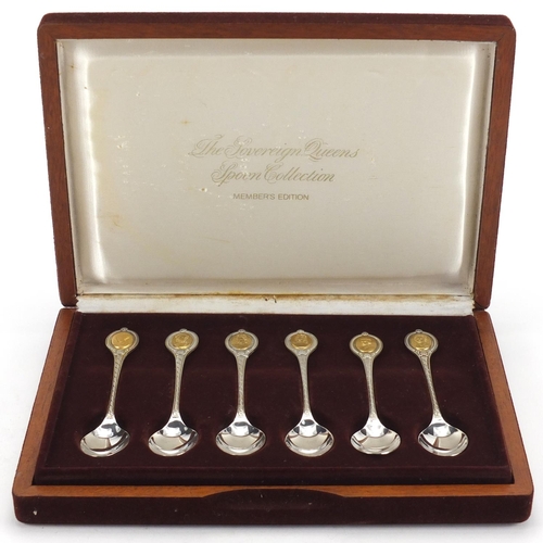 2409 - The Sovereign Queens spoon collection, six silver teaspoons by John Pinches housed in a fitted case