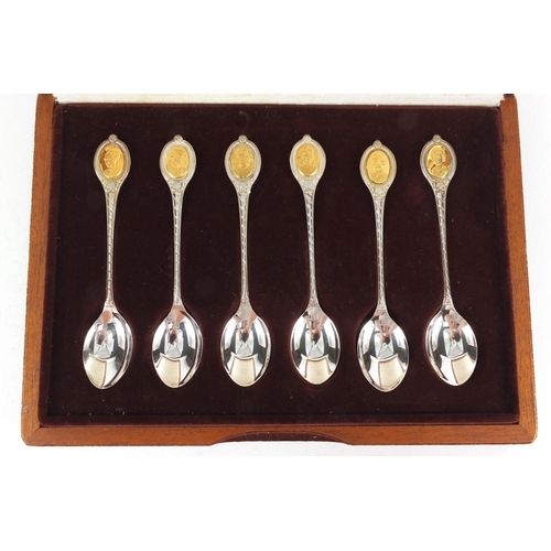 2409 - The Sovereign Queens spoon collection, six silver teaspoons by John Pinches housed in a fitted case