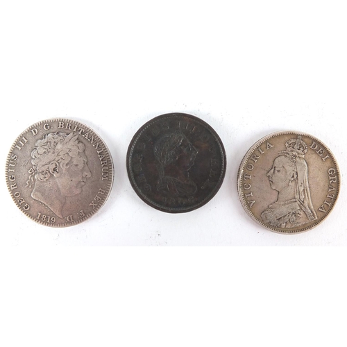 2474 - 19th century British coins, George III 1806 penny, 1819 silver crown and 1889 double florin, approxi... 