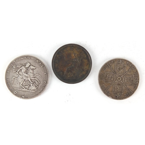 2474 - 19th century British coins, George III 1806 penny, 1819 silver crown and 1889 double florin, approxi... 