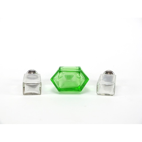 2395 - Pair of silver topped glass scent bottles together with an Art Deco green glass scent bottle, the st... 