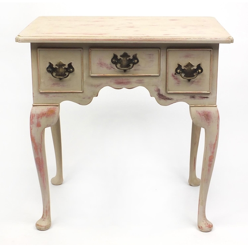 2054 - Shabby Chic lowboy fitted with three drawers, 70cm H x 69cm W x 46cm W