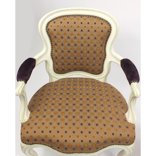 2046 - Pair of French style Shabby Chic elbow chairs with spotted upholstered back and seats, 93cm high