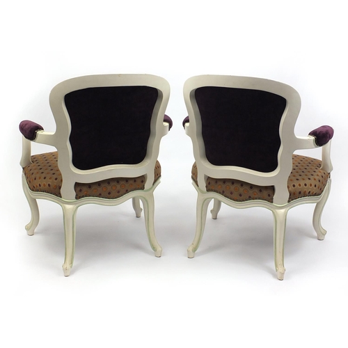 2046 - Pair of French style Shabby Chic elbow chairs with spotted upholstered back and seats, 93cm high