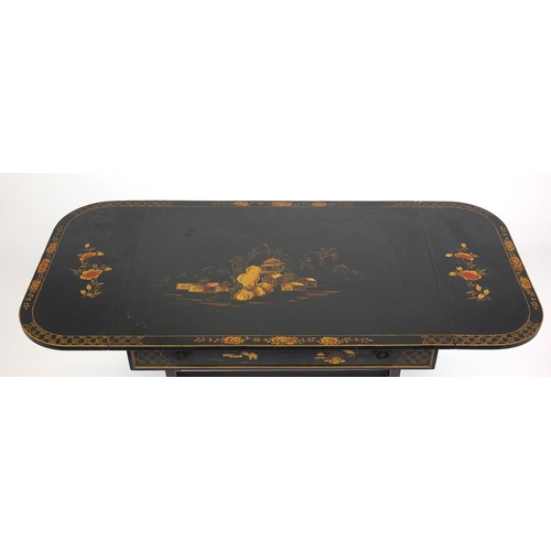 2017 - Black lacquered sofa table hand gilded in the chinoiserie manor with flowers and a river landscape, ... 