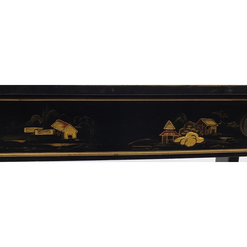 2017 - Black lacquered sofa table hand gilded in the chinoiserie manor with flowers and a river landscape, ... 