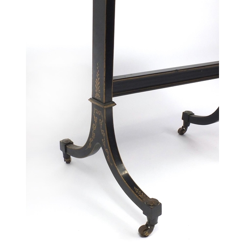 2017 - Black lacquered sofa table hand gilded in the chinoiserie manor with flowers and a river landscape, ... 