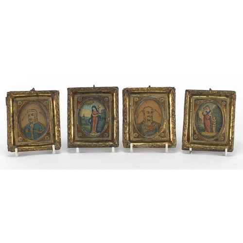 2390 - Four oval portrait miniatures all housed in ornate brass frames, Charity, Faith, General Von Blucher... 