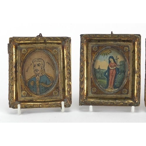 2390 - Four oval portrait miniatures all housed in ornate brass frames, Charity, Faith, General Von Blucher... 