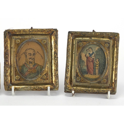 2390 - Four oval portrait miniatures all housed in ornate brass frames, Charity, Faith, General Von Blucher... 