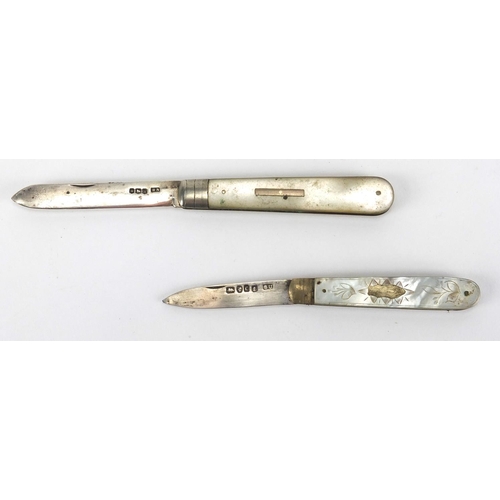 2421 - Two Mother of Pearl flanked silver bladed folding fruit knives including a Victorian example, the la... 