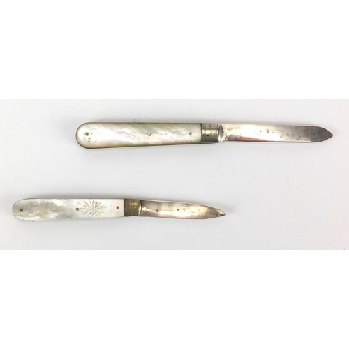 2421 - Two Mother of Pearl flanked silver bladed folding fruit knives including a Victorian example, the la... 