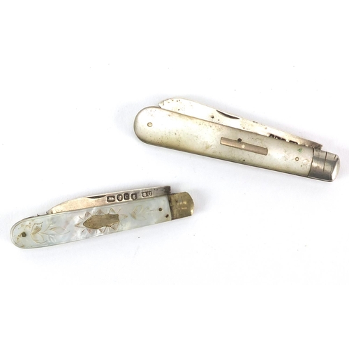 2421 - Two Mother of Pearl flanked silver bladed folding fruit knives including a Victorian example, the la... 