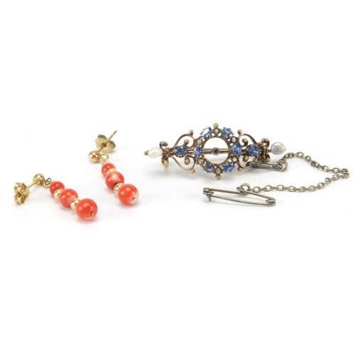 2663 - Unmarked gold sapphire and pearl brooch and a pair of 9ct gold coral earrings