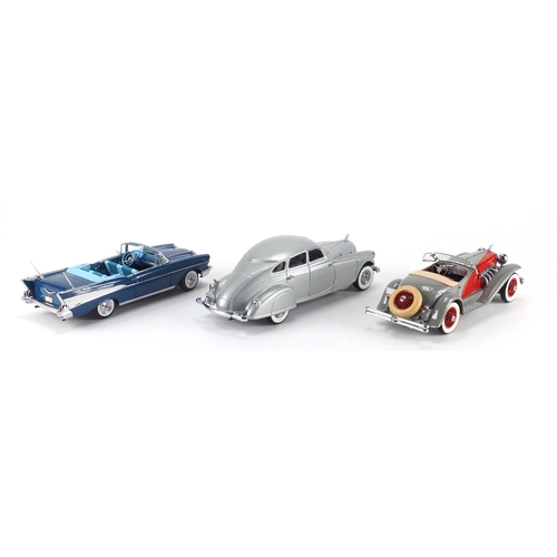 2374 - Three Danbury Mint die cast vehicles, all with boxes, 1933 Pierce Silver Arrow, 1935 Duesenberg SSJ ... 