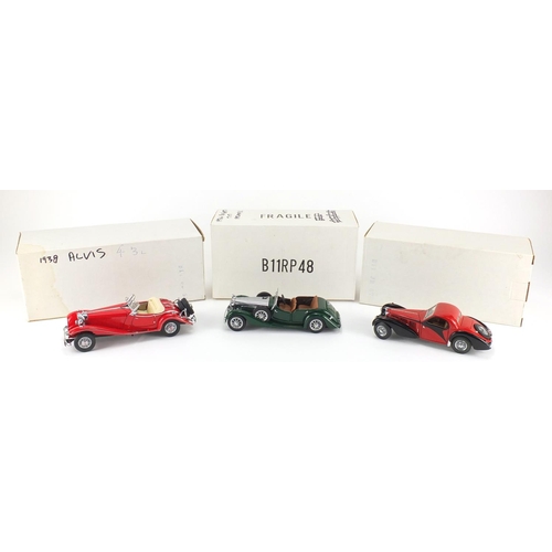 2376 - Three Franklin Mint die cast vehicles, all with boxes, 1938 Alvis 4.3 Litre, 1935 Mercedes Benz 500K... 