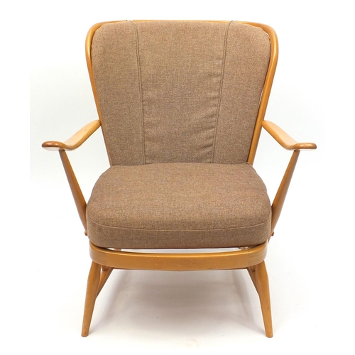 2049 - Ercol light elm stick back elbow chair with lift off upholstered cushions, 83cm high