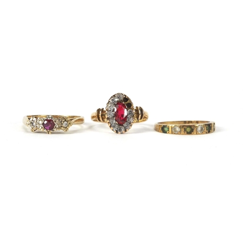 2558 - Three 9ct gold rings set with assorted stones, one with ruby and diamonds, various sizes, approximat... 