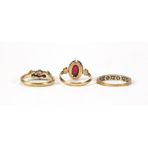 2558 - Three 9ct gold rings set with assorted stones, one with ruby and diamonds, various sizes, approximat... 