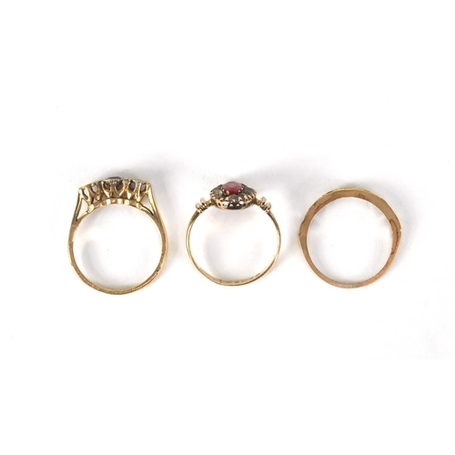 2558 - Three 9ct gold rings set with assorted stones, one with ruby and diamonds, various sizes, approximat... 