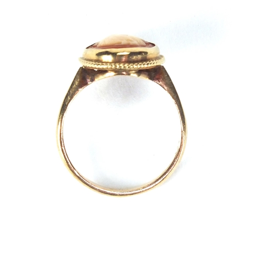 2599 - 9ct gold cameo maiden head ring, size K, approximate weight 2.3g