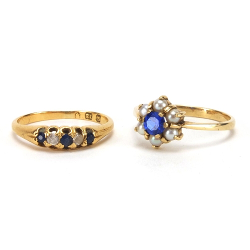 2609 - Two 9ct gold rings set with blue stones, clear stones and simulated pearls, sizes M and P, approxima... 