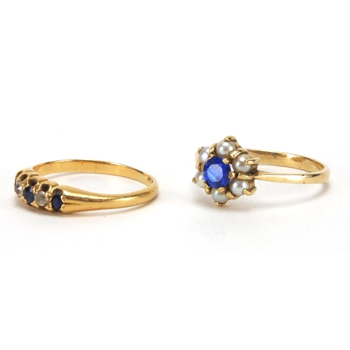 2609 - Two 9ct gold rings set with blue stones, clear stones and simulated pearls, sizes M and P, approxima... 