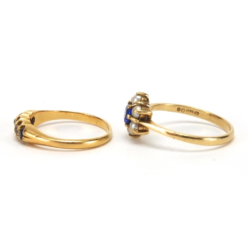 2609 - Two 9ct gold rings set with blue stones, clear stones and simulated pearls, sizes M and P, approxima... 