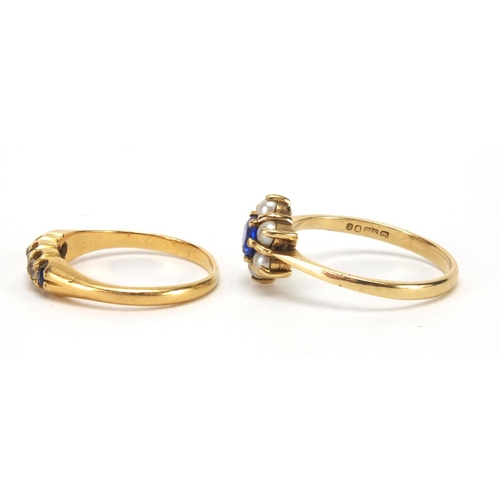 2609 - Two 9ct gold rings set with blue stones, clear stones and simulated pearls, sizes M and P, approxima... 