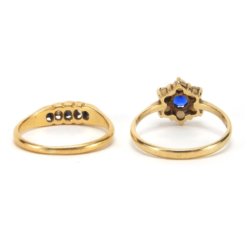 2609 - Two 9ct gold rings set with blue stones, clear stones and simulated pearls, sizes M and P, approxima... 