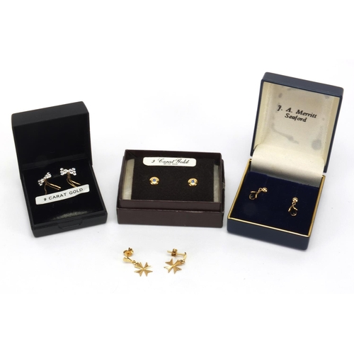 2647 - Four pairs of 9ct gold earrings, some set with assorted stones, approximate weight 2.5g