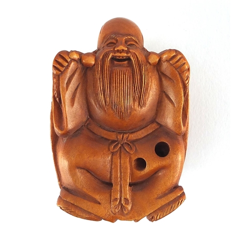 2389 - Chinese box wood netsuke of a man / tortoise, with character marks, 5cm in length