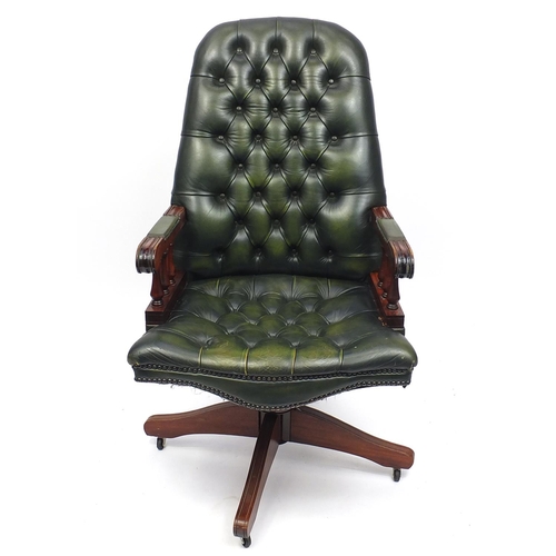 2036 - Mahogany framed captains chair, with green leather button back upholstered back and seat