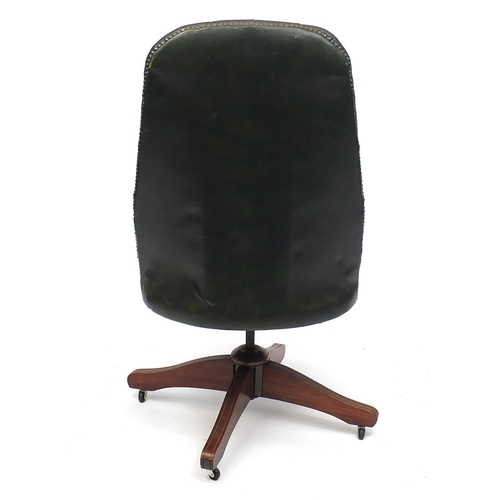 2036 - Mahogany framed captains chair, with green leather button back upholstered back and seat