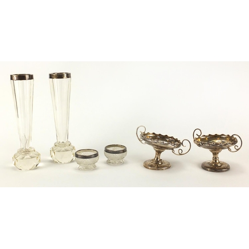 2423 - Silver items comprising a pair of pedestal dishes, pair of cut glass vases and a pair of cut glass o... 