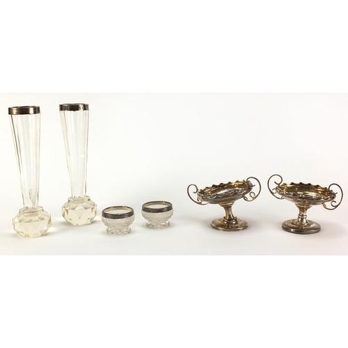 2423 - Silver items comprising a pair of pedestal dishes, pair of cut glass vases and a pair of cut glass o... 