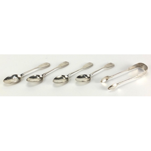 2443 - Set of four Victorian silver teaspoons and sugar tongs, approximate weight 113.5g